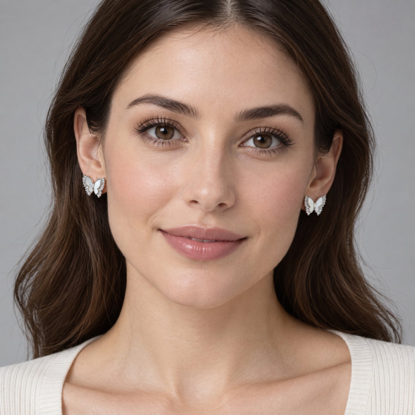 Silver-Tone Pearlescent Baguette Crystal Butterfly Stud Earrings - view 3