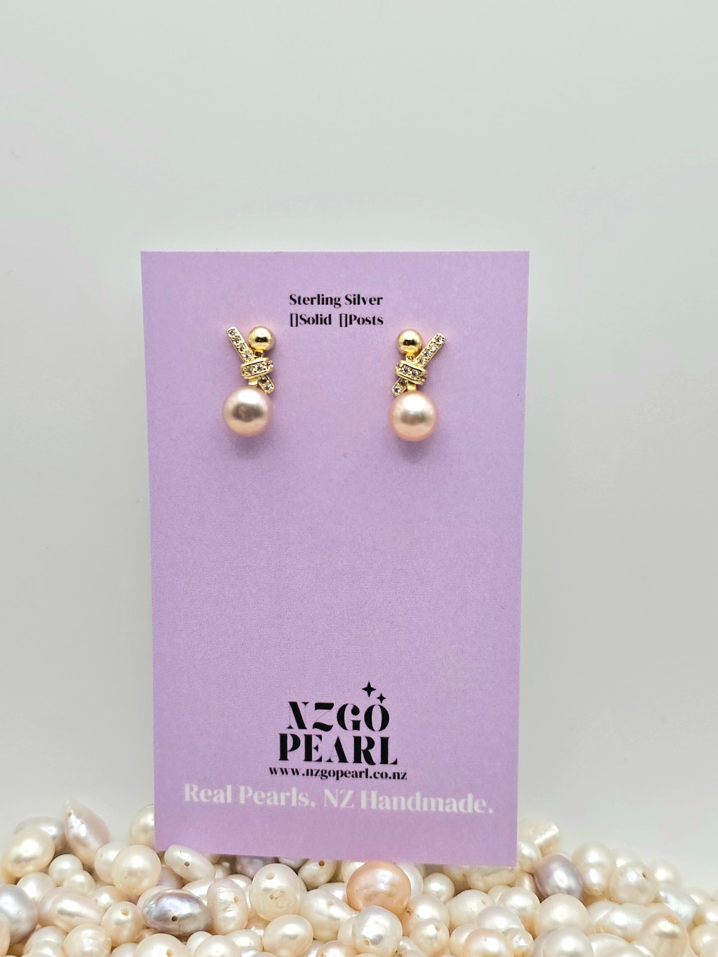 Gold Ribbon & Peach Pearl Drop Earrings