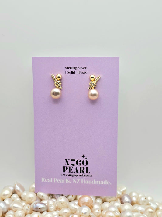 Gold Ribbon & Peach Pearl Drop Earrings