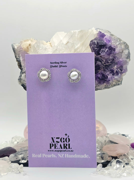 Floral-Inspired Halo Pearl Stud Earrings