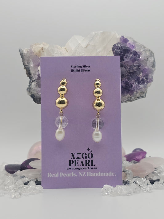 Harmony of Elegance Pearl & Clear Quartz Drop Earrings