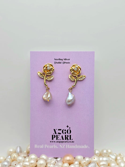 Golden Rose Drop Earrings with Keshi Pearls