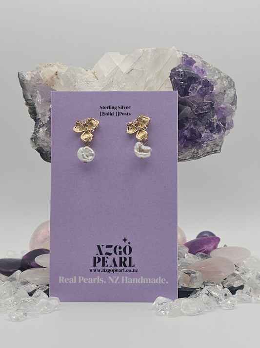 Nature’s Grace Gold Floral Pearl Drop Earrings