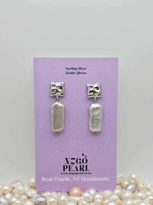 Long Molten Stud Pearl Earrings