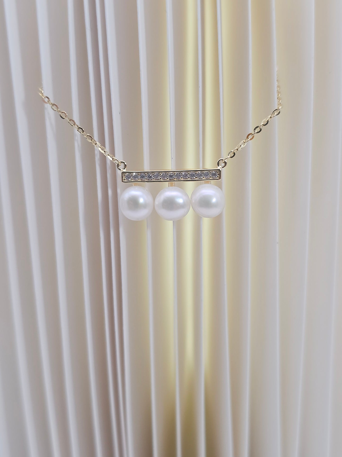 Balance Beam Necklace – Trio Pearls on Solid Sterling Silver