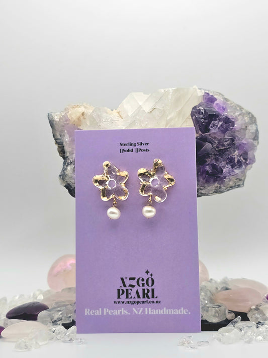 Gold-Accented Crystal Clear Floral & Pearl Drop Earrings