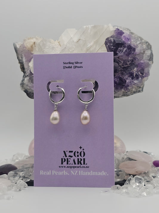 Classic Solid Sterling Silver Hoop & Pink Pearl Drop Earrings