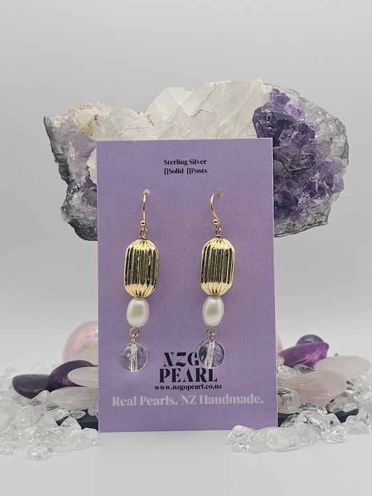 Gold Ribbed Pearl & Clear Quartz Drop Earrings