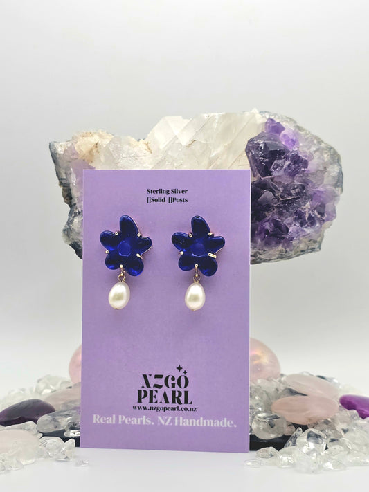 Blue Flower & Pearl Drop Earrings
