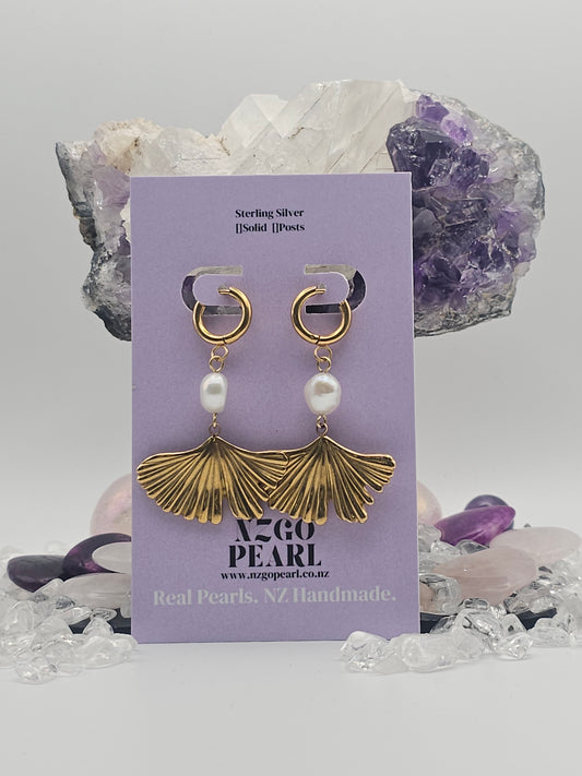 Gold Ginkgo Leaf & Pearl Drop Earrings