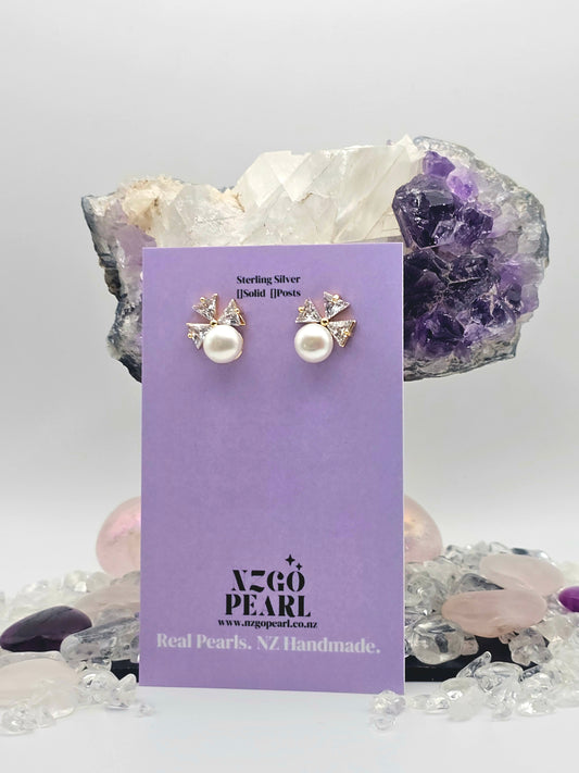 Crystal Bow Pearl Stud Earrings