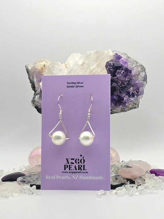 Geometric 8mm Pearl Drop Earrings – Solid Sterling Silver