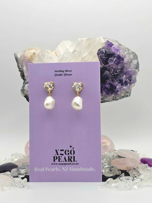 Heart CZ & Baroque Pearl Drop Earrings