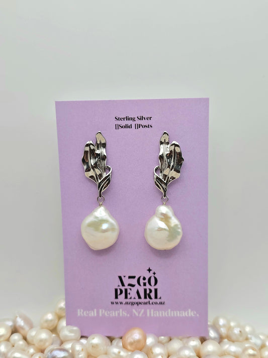 Sculptural Leaf & Baroque Pearl Earrings
