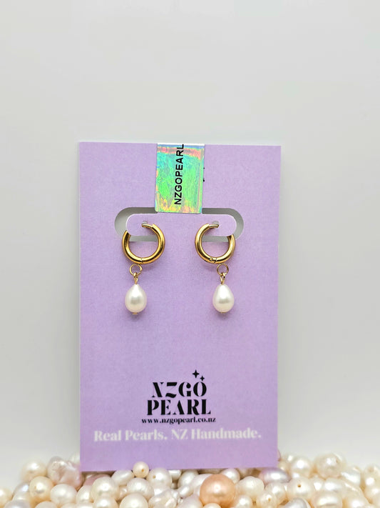 Mini Hoops with Teardrop Pearls – Gold or Silver