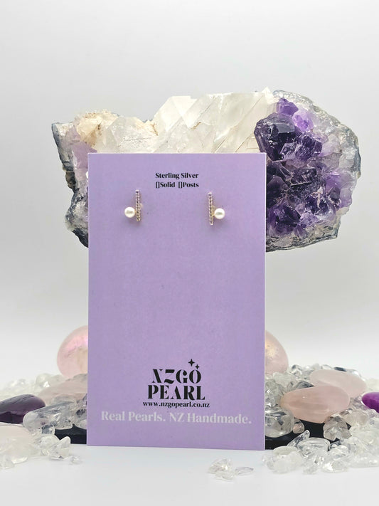 Minimalist 3mm Pearl & Crystal Bar Earrings