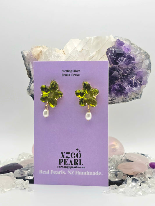 Green Flower & Baby Pearl Drop Earrings