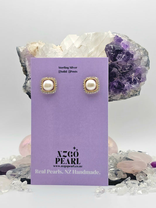 Elegant Square Halo Pearl Stud Earrings